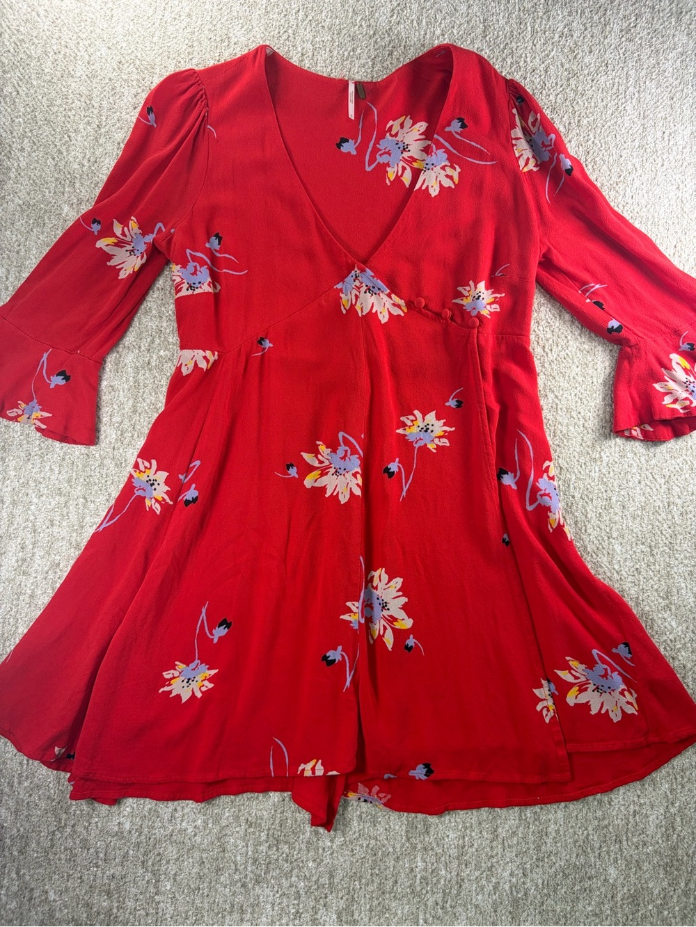 Free People Red Floral V-Neck Swing Dress